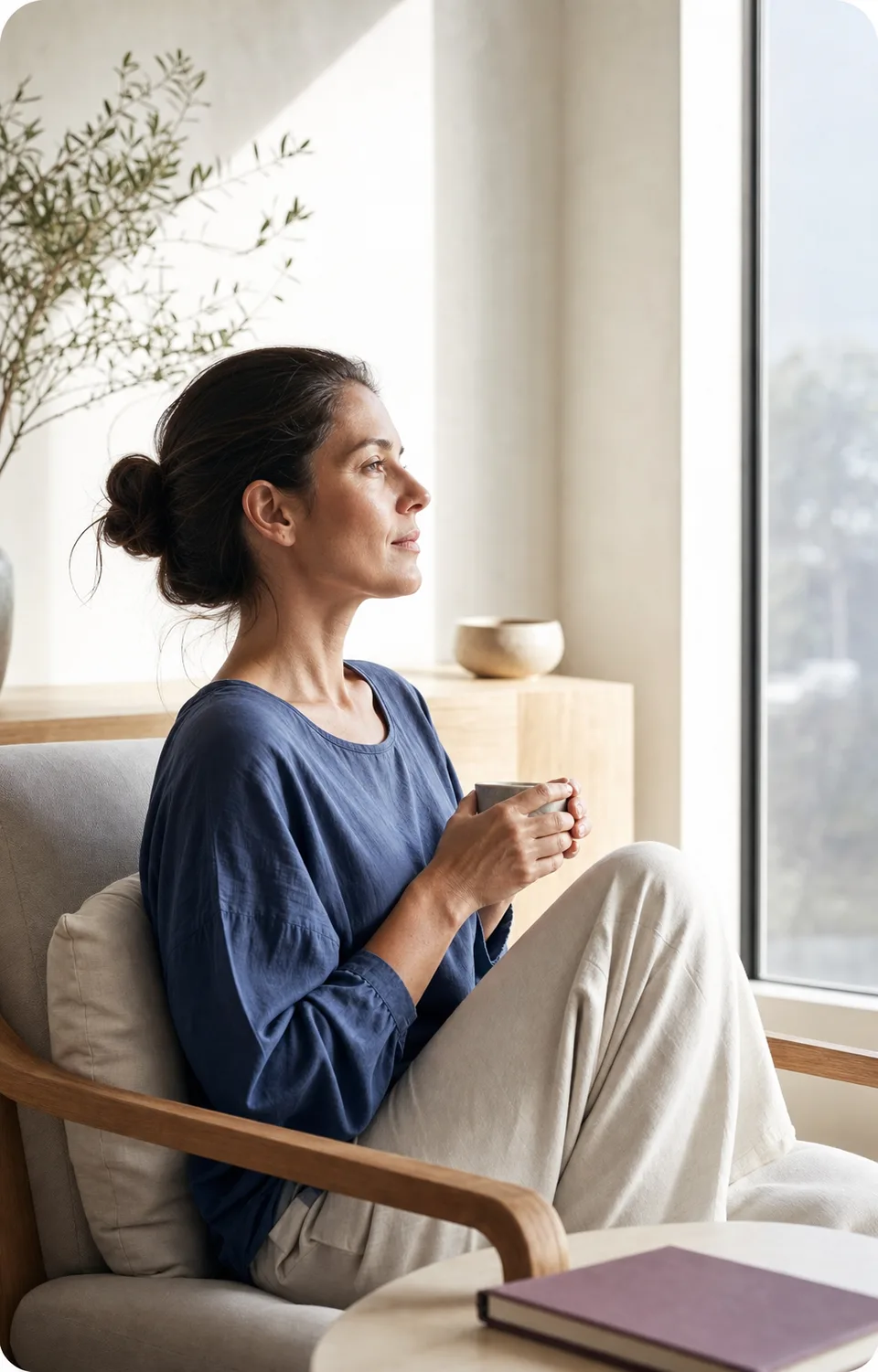 Femme adulte assise près d’une fenêtre, calme et attentive dans la lumière du matin